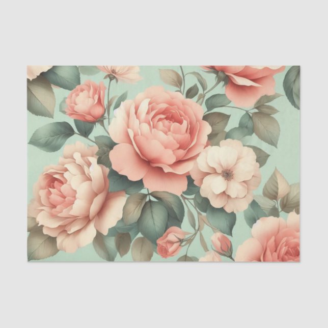Blush Pink Roses Mint Greenery Decoupage Tissue Paper (Front)