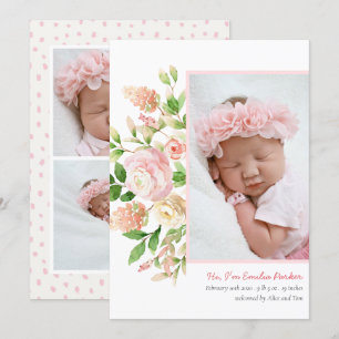 Blush Pink Roses Modern Elegant Floral Birth Announcement