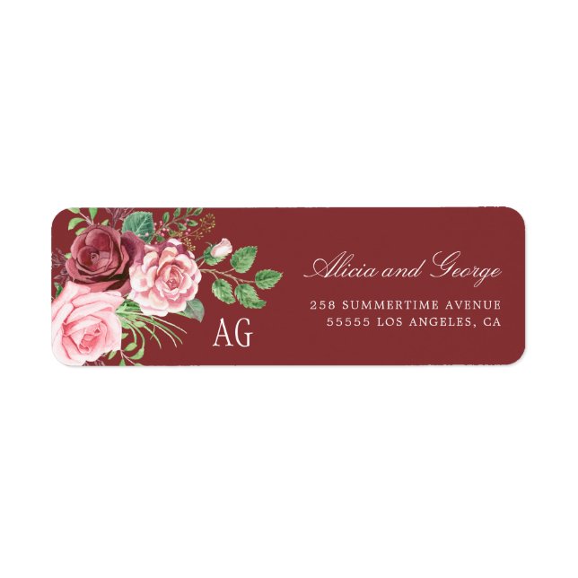 Blush Pink Roses Monogrammed Burgundy Wedding (Front)