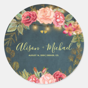 Blush pink roses navy chalkboard hearts wedding classic round sticker