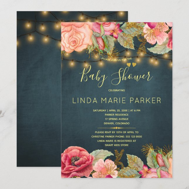 Blush pink roses navy gold lights baby shower invitation (Front/Back)