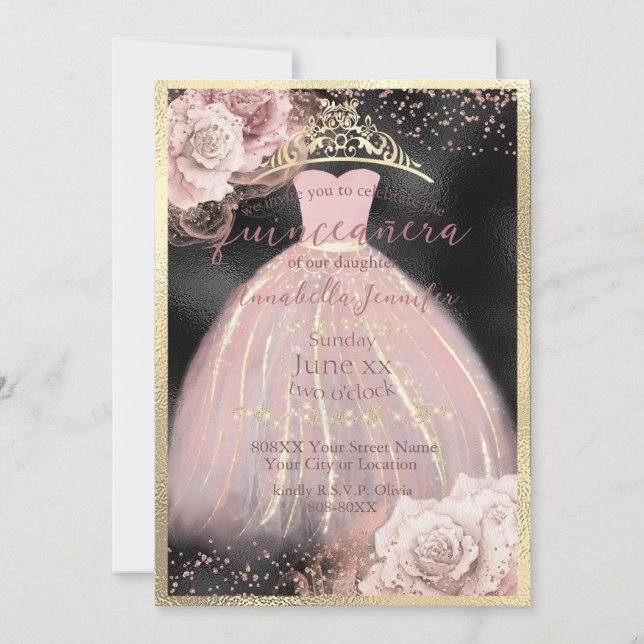 Blush Pink Roses on BLack & Gold Quinceañera Invitation (Front)
