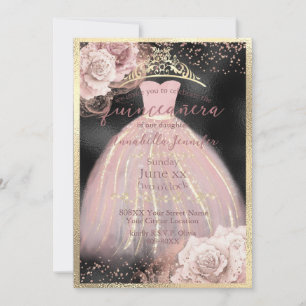 Blush Pink Roses on BLack & Gold Quinceañera Invitation