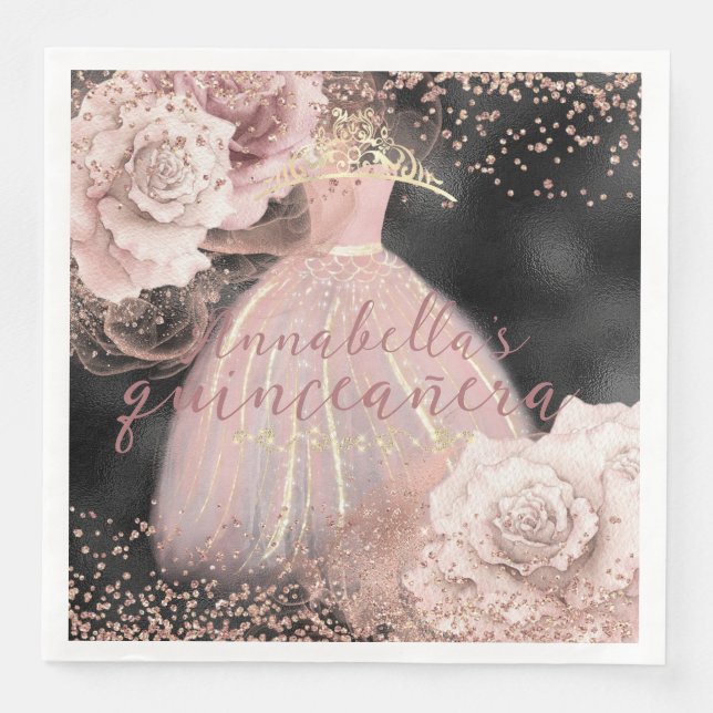 Blush Pink Roses on Black & Gold Quinceañera Napkin (Front)