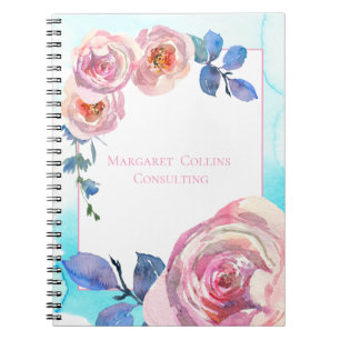 Blush Pink Roses on Blue Custom Named Notebook