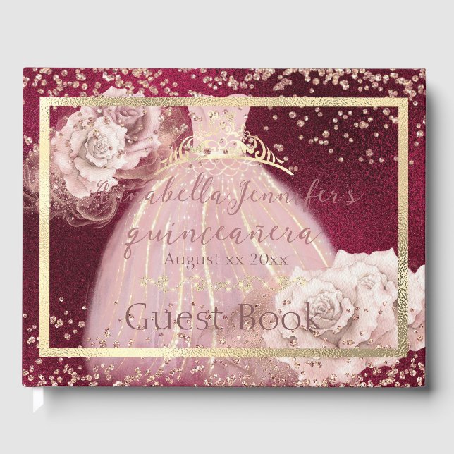Blush Pink Roses on Burgundy & Gold Quinceañera Guest Book (Front)