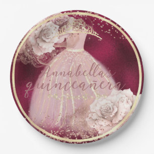 Blush Pink Roses on Burgundy & Gold Quinceañera Paper Plate
