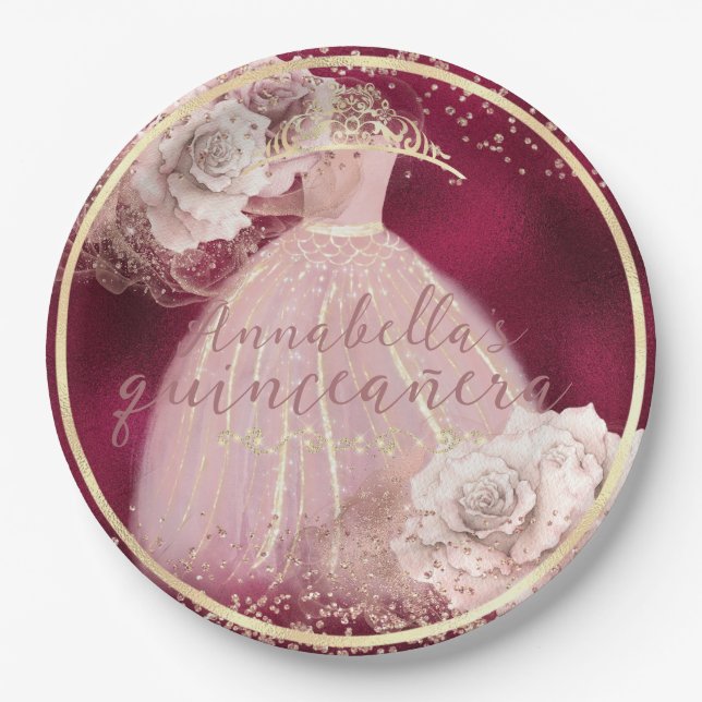 Blush Pink Roses on Burgundy & Gold Quinceañera Paper Plate (Front)