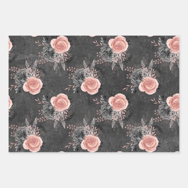 Blush Pink Roses on Charcoal Wrapping Paper Sheet (Front)