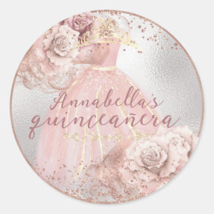 Blush Pink Roses on Silver Quinceañera Classic Round Sticker