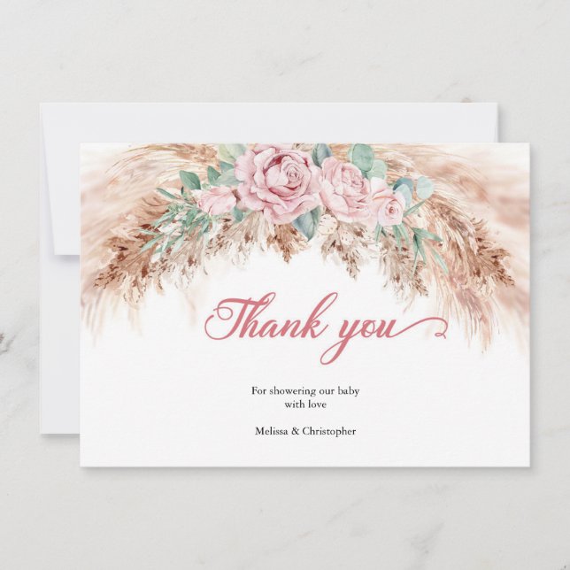 Blush pink roses pampas grass greenery baby shower thank you card (Front)