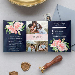 Blush Pink Roses Photo Collage Navy Blue Wedding Tri-Fold Invitation