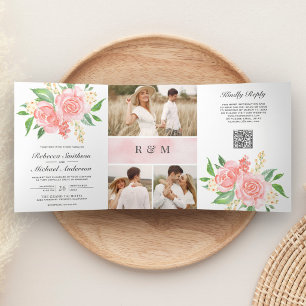 Blush Pink Roses Photo Collage QR Code Wedding Tri-Fold Invitation