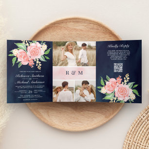 Blush Pink Roses Photo Navy Blue QR Code Wedding Tri-Fold Invitation