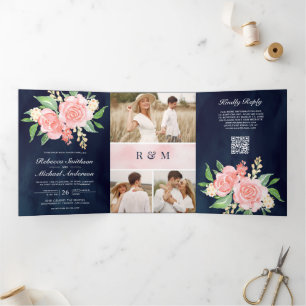 Blush Pink Roses Photo Navy Blue QR Code Wedding Tri-Fold Invitation