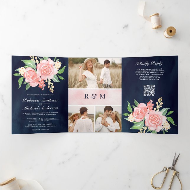 Blush Pink Roses Photo Navy Blue QR Code Wedding Tri-Fold Invitation (Inside)