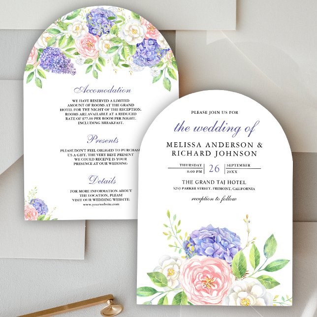 Blush Pink Roses Purple Hydrangea Floral Wedding Invitation (Creator Uploaded)