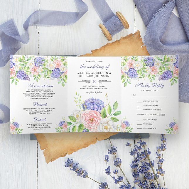 Blush Pink Roses Purple Hydrangea Floral Wedding Tri-Fold Invitation (Creator Uploaded)