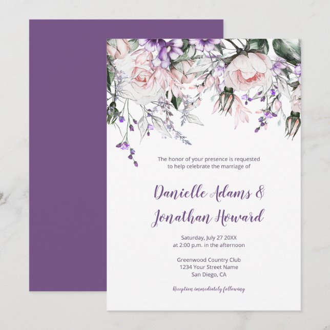 Blush Pink Roses Purple Wildflowers Wedding Invitation (Front/Back)