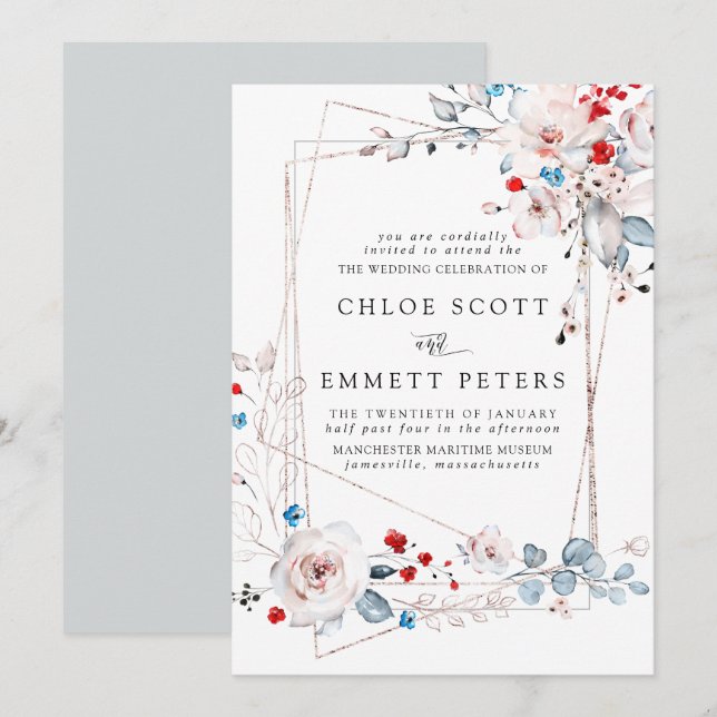 Blush Pink Roses Red and Blue Flowers Wedding Invitation (Front/Back)