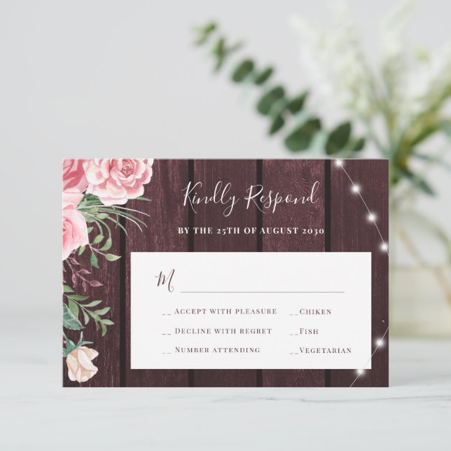 Blush pink roses rustic burgundy wood wedding RSVP card (Standing Front)