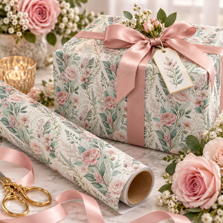 Blush Pink Roses Sage Green Foliage | Wrapping Paper