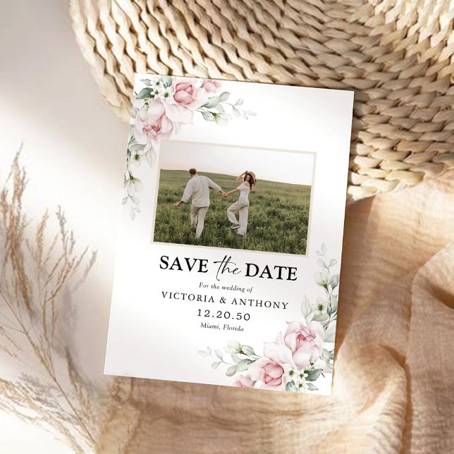 Blush Pink Roses Save The Date with Photo Card (Creator Uploaded)