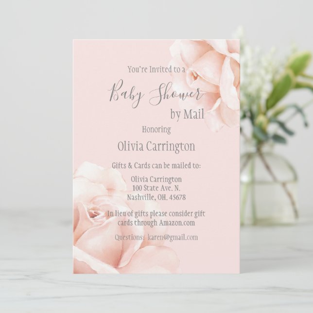 Blush Pink Roses Script Baby Shower by Mail Invitation (Standing Front)