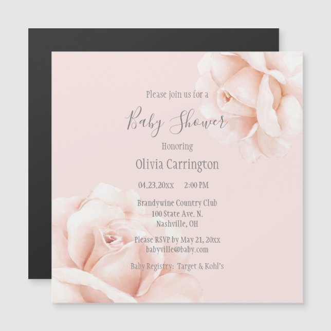 Blush Pink Roses Script Baby Shower Magnetic Invitation (Front/Back)