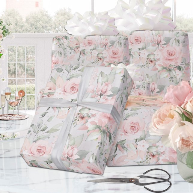 Blush Pink Roses Silver Eucalyptus Greenery Floral Wrapping Paper (Creator Uploaded)
