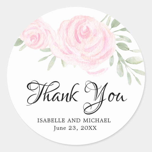 Blush Pink Roses Thank You Wedding Classic Round Sticker (Front)