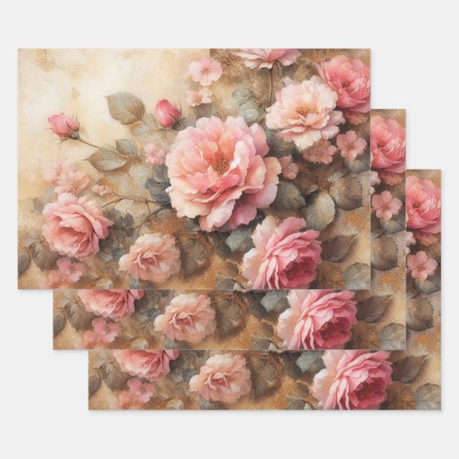 Blush Pink Roses Vintage Decoupage Wrapping Paper Sheet (Set)