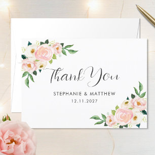 Blush Pink Roses Watercolor Botanical Wedding Thank You Card