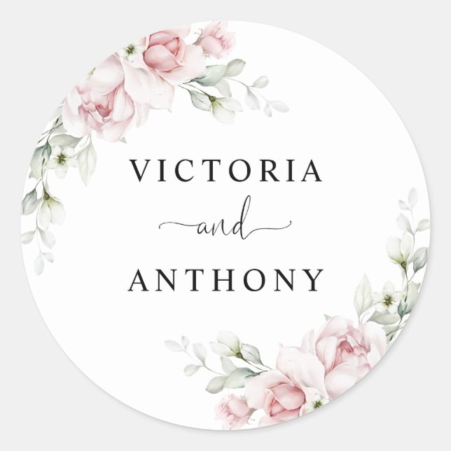 Blush Pink Roses Wedding Classic Round Sticker (Front)