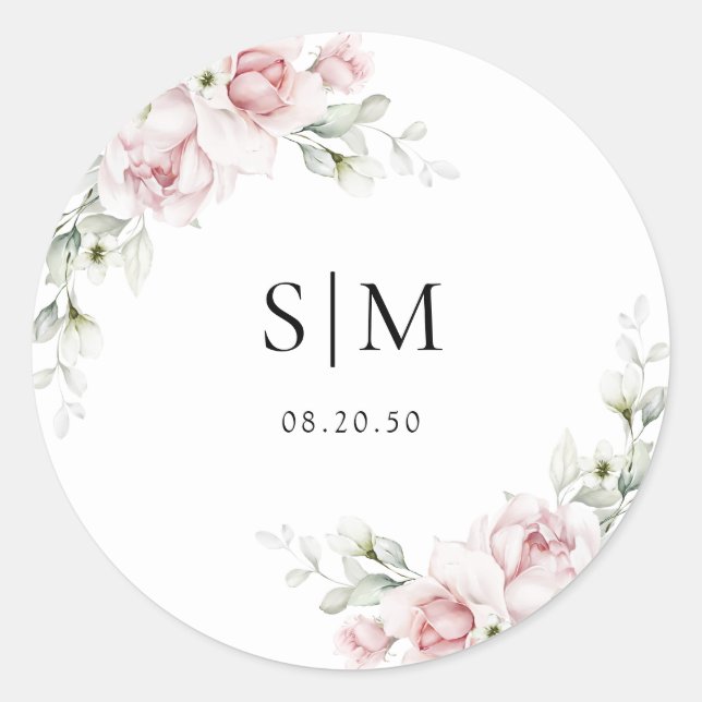 Blush Pink Roses Wedding Classic Round Sticker (Front)