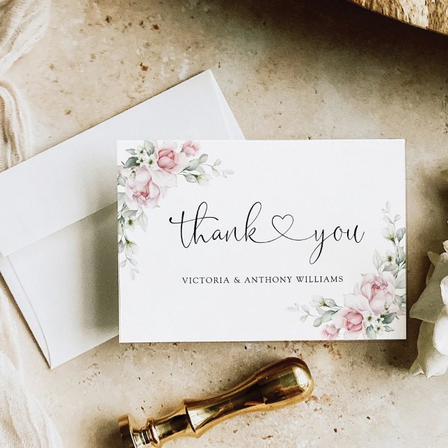 Blush Pink Roses Wedding Flat Thank You Card (Creator Uploaded)