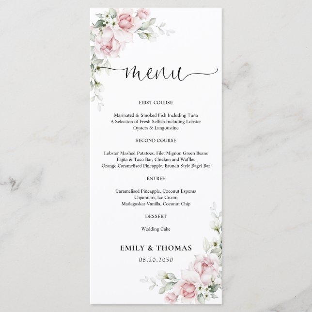 Blush Pink Roses Wedding Menu (Front)