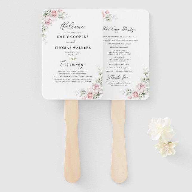Blush Pink Roses Wedding Program Hand Fan (Front and Back)