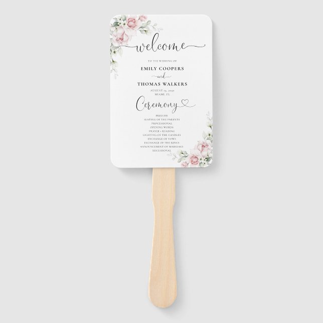 Blush Pink Roses Wedding Program Hand Fan (Front)