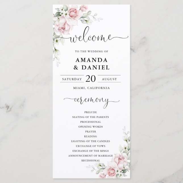 Blush Pink Roses Wedding Program Programme (Front)