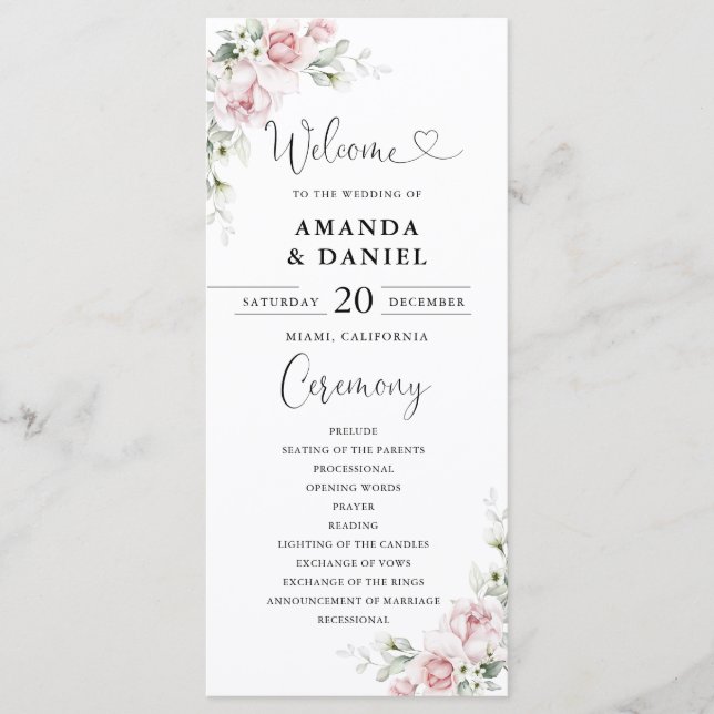 Blush Pink Roses Wedding Program Programme (Front)