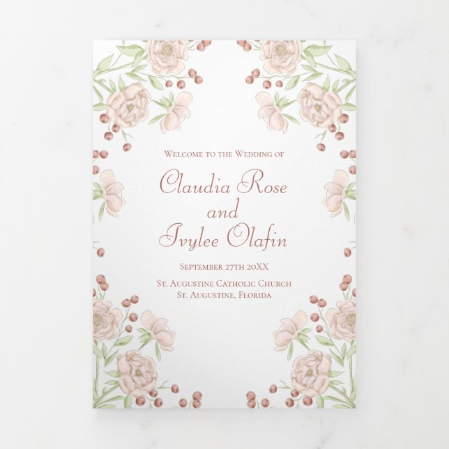 Blush Pink Roses Wedding Programs Tri-Fold Programme (Cover)