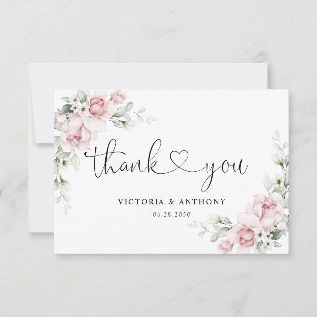  Blush Pink Roses Wedding Thank You Card (Front)