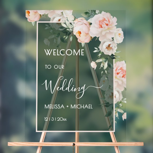 Blush Pink Roses Wedding Transparent Acrylic Sign (Neutral)