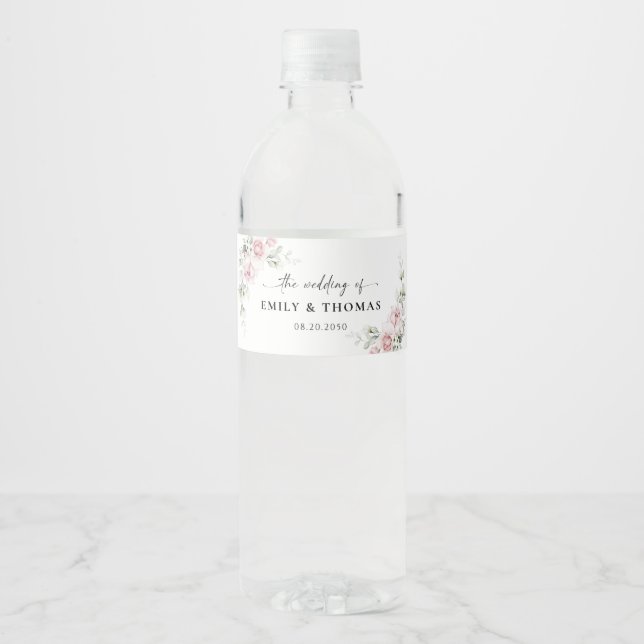 Blush Pink Roses Wedding Water Bottle Label (Front)