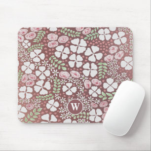 Blush Pink Roses White Floral Rose Gold Monogram Mouse Mat