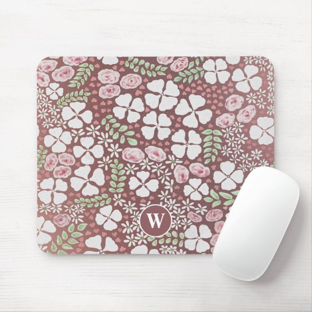 Blush Pink Roses White Floral Rose Gold Monogram Mouse Mat (With Mouse)