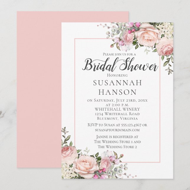 Blush Pink Roses White Hydrangeas Bridal Shower Invitation (Front/Back)