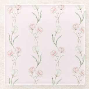 Blush Pink Roses White Tulips Glass Coaster