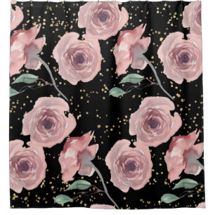 Blush Pink Roses with Gold Sparkles on Black Shower Curtain